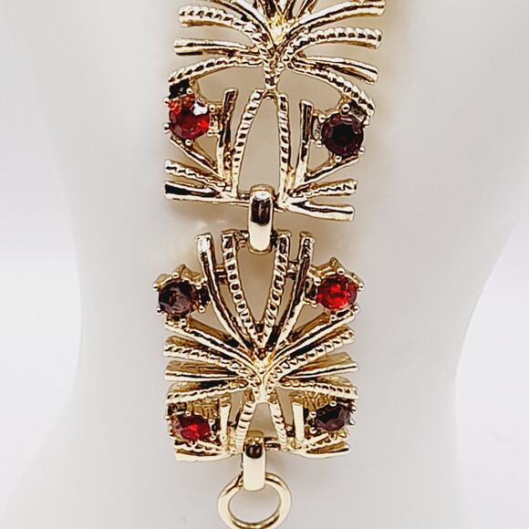 Vintage Coro Gold Tone Link Bracelet Red Purple Rhinestones 7 Inch Holiday - Picture 4 of 9